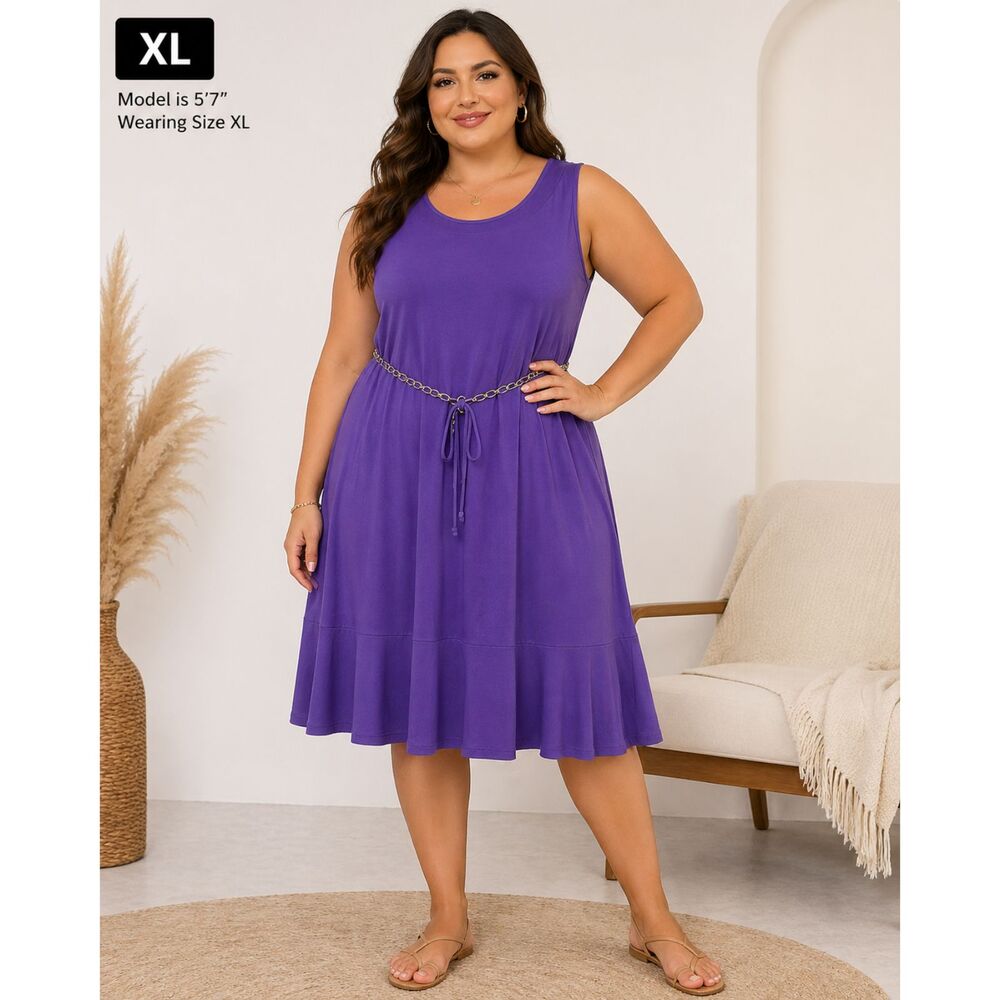 Nina Leonard Purple Dress XL Sleeveless Stretch Chain Waist Fit Flare